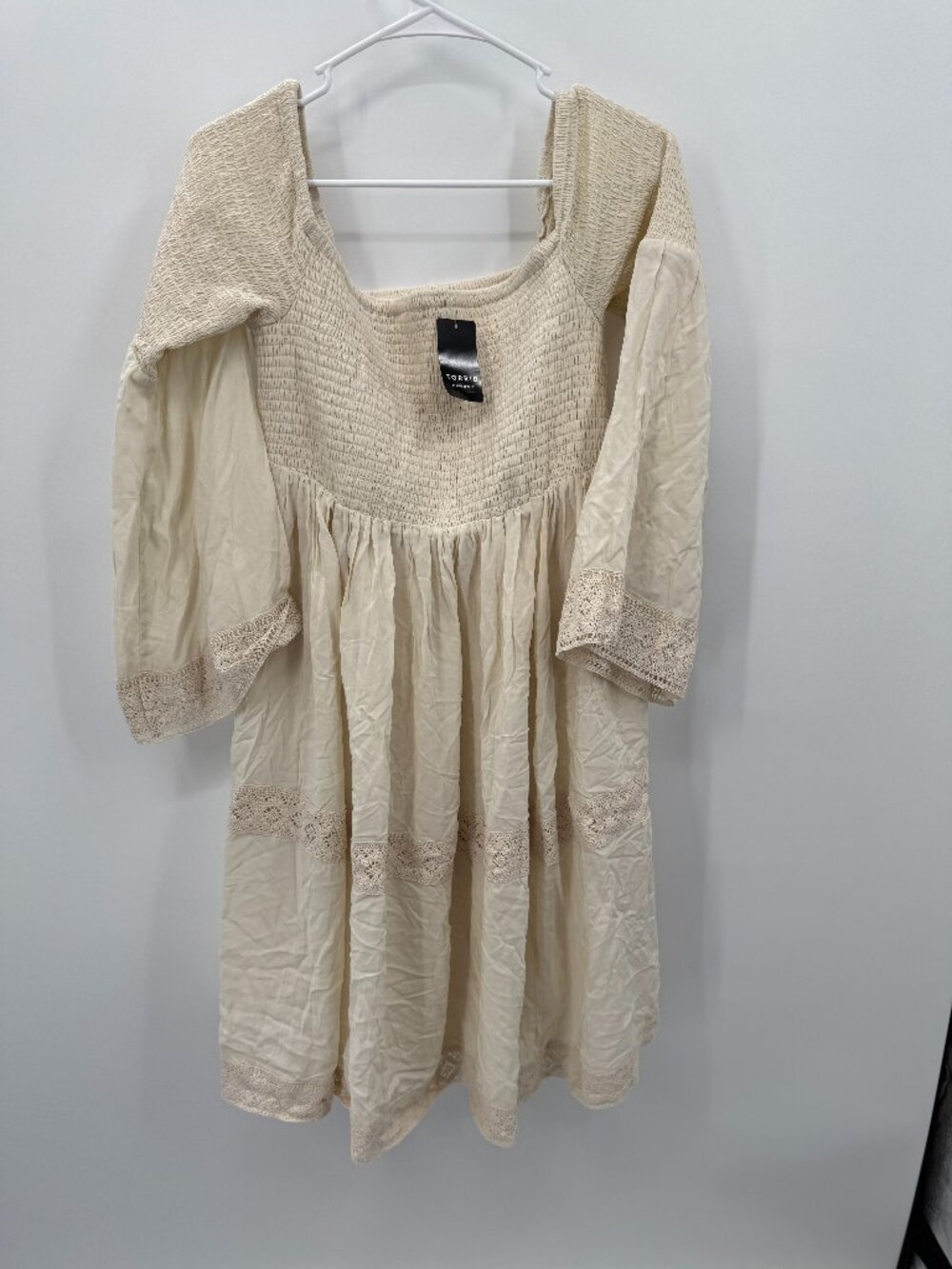 NWT Torrid Cream Smocked Peasant Dress Size 1X Cottagecore Prairie Lace Midi